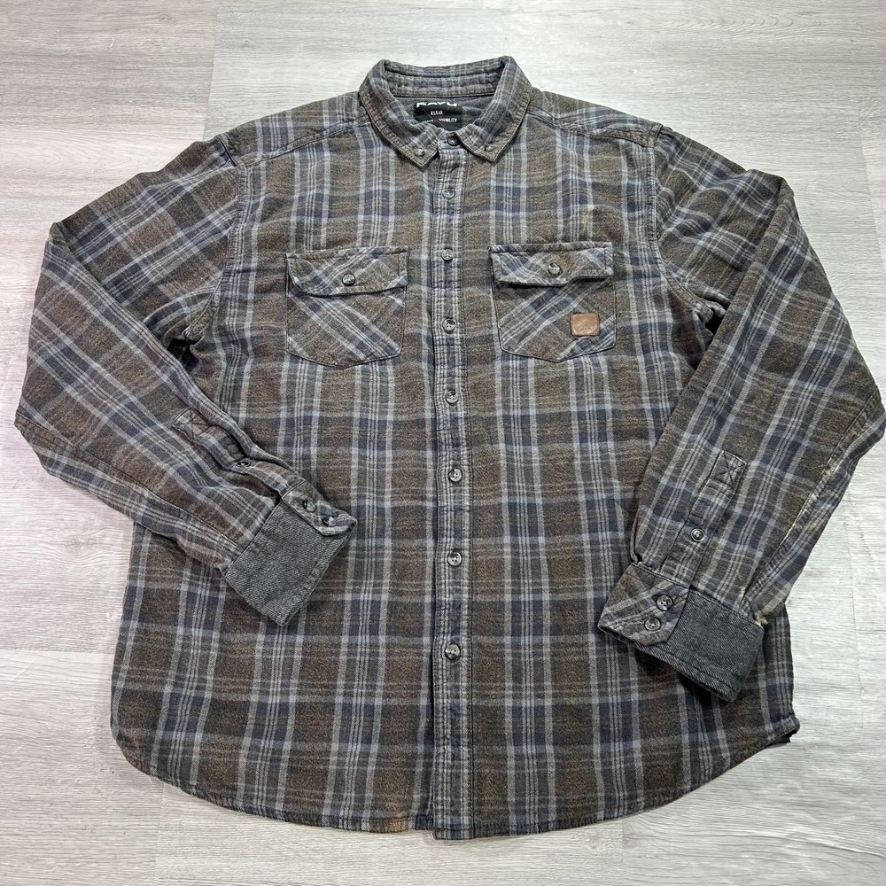 KAVU Shirt Mens Large Brown Plaid Long Sleeve Flannel Button Up Casual Outdoor